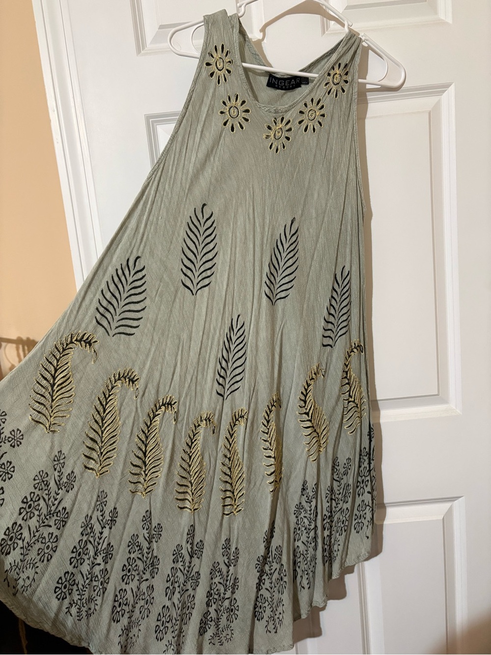 Ingear Sage Green Embroidered Boho Tank Dress with Black and Gold Accents